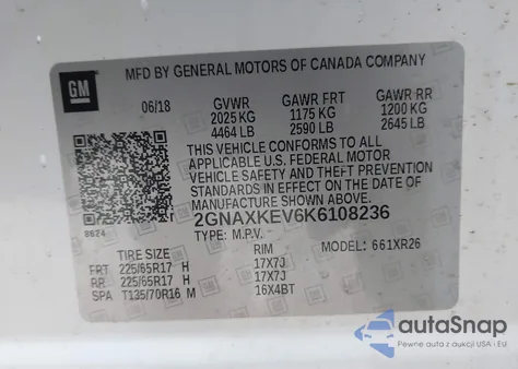 2019 Chevrolet Equinox Lt z USA, uszkodzony, nr VIN 2GNAXKEV6K6108236